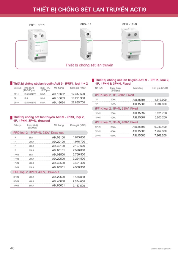 Bảng giá thiết bị chống sét lan truyền Schneider